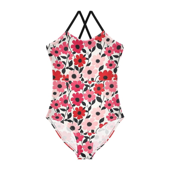FORMRS Girls One Piece Swimsuit Sleeveless Stretch Beach Cross Back Swimwear, Sizes 3T-10T, Pink and Red Flowers