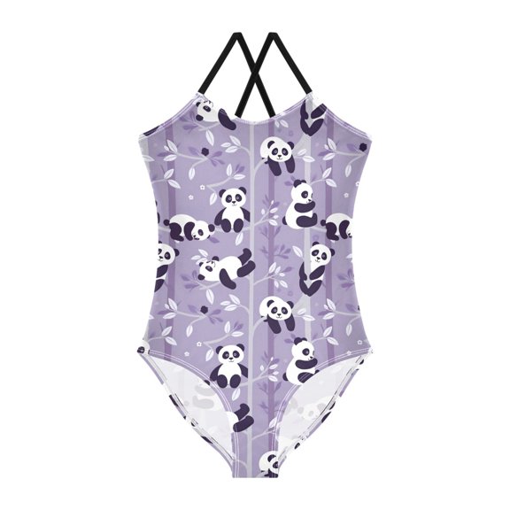 FORMRS Girls One Piece Swimsuit Sleeveless Stretch Beach Cross Back Swimwear, Sizes 3T-10T, Purple Cartoon Panda Pattern
