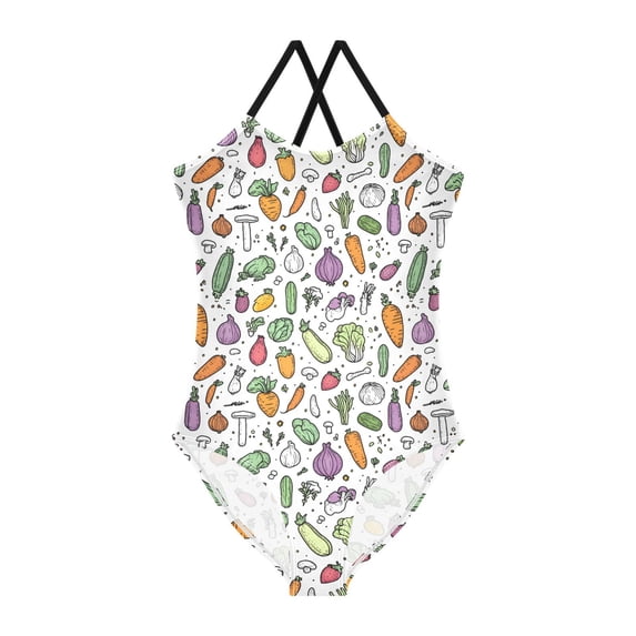 FORMRS Girls One Piece Swimsuit Sleeveless Stretch Beach Cross Back Swimwear, Sizes 3T-10T, Purple Vegetables Pattern