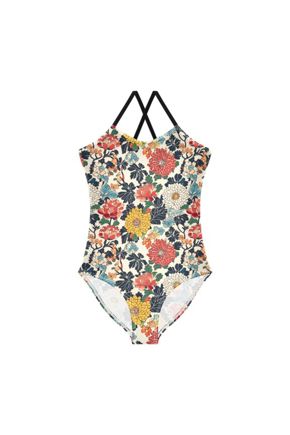 Girls One Piece Swimsuit Sleeveless Stretch Beach Cross Back Swimwear, Sizes 3T-10T, Red Flowers Pattern