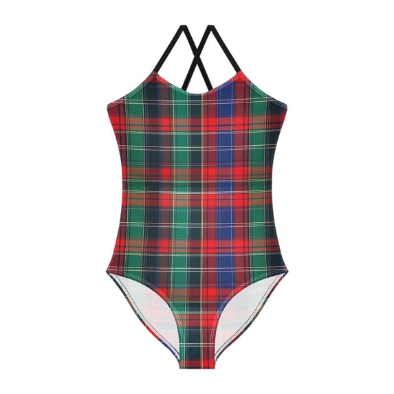 FORMRS Girls One Piece Swimsuit Sleeveless Stretch Beach Cross Back Swimwear, Sizes 3T-10T, Red Green Pattern
