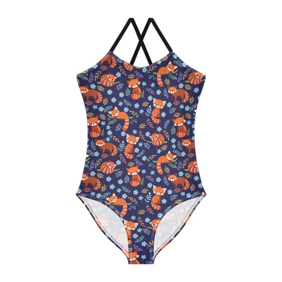 FORMRS Girls One Piece Swimsuit Sleeveless Stretch Beach Cross Back Swimwear, Sizes 3T-10T, Red Panda Pattern