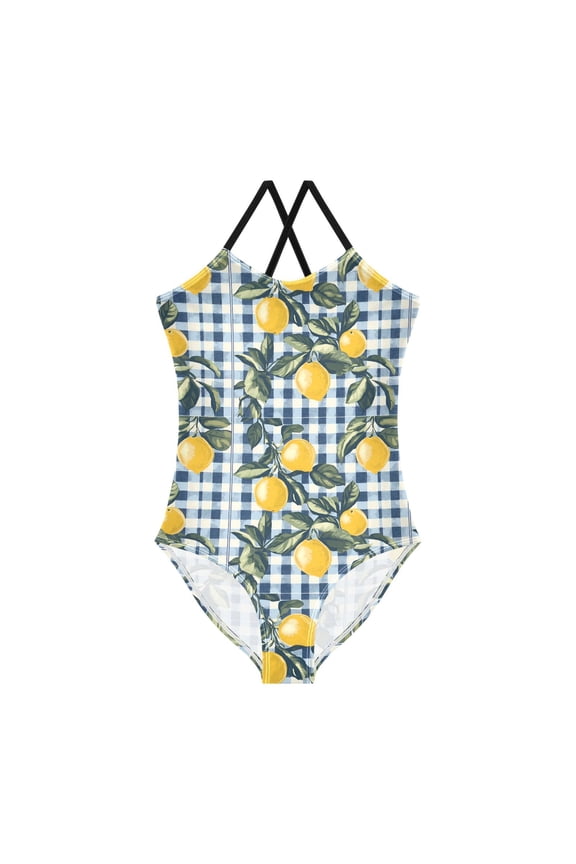 Girls One Piece Swimsuit Sleeveless Stretch Beach Cross Back Swimwear, Sizes 3T-10T, Retro Beige Lemon