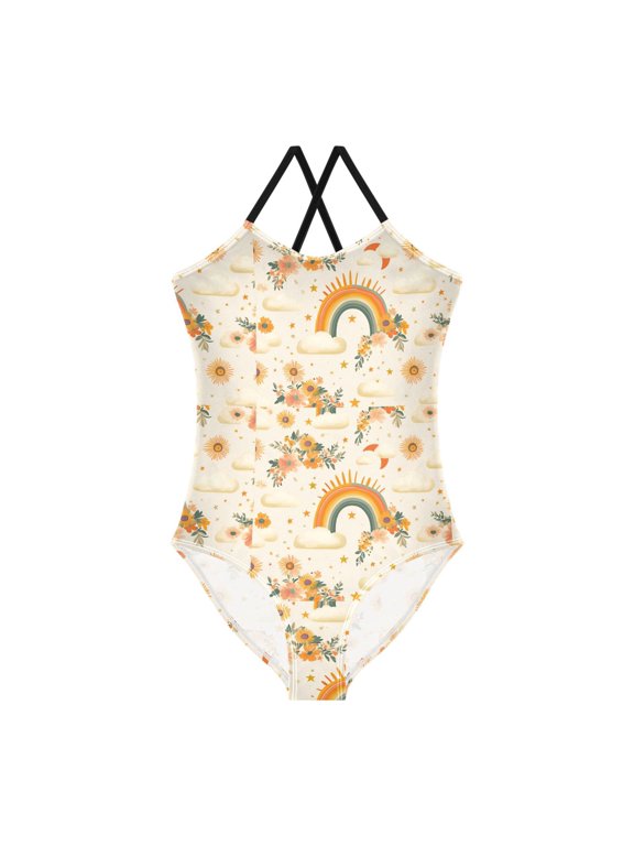Girls One Piece Swimsuit Sleeveless Stretch Beach Cross Back Swimwear, Sizes 3T-10T, Retro Rainbow
