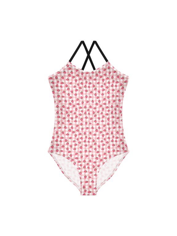 Girls One Piece Swimsuit Sleeveless Stretch Beach Cross Back Swimwear, Sizes 3T-10T, Strawberry Plaid Pattern