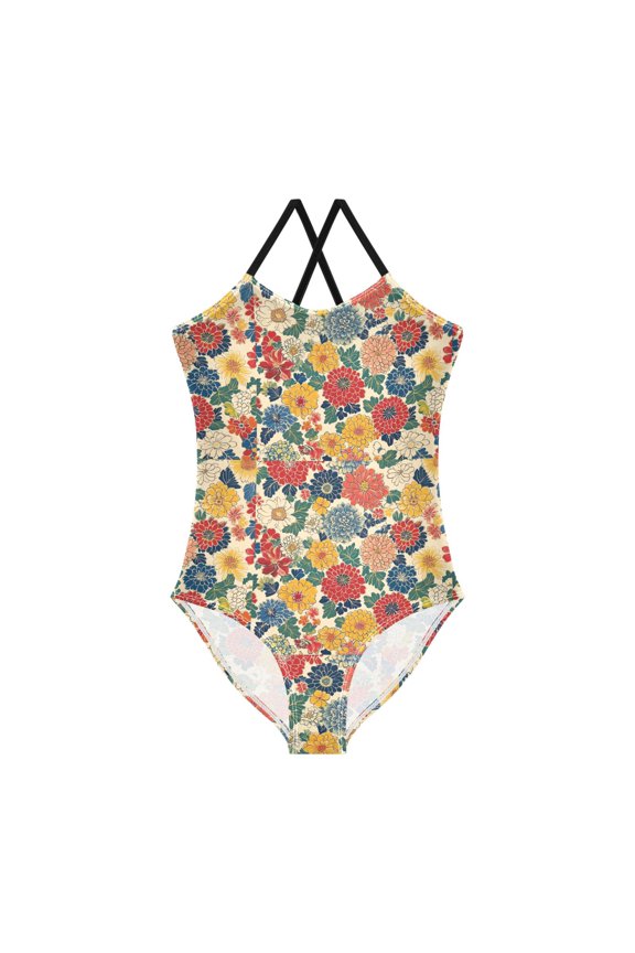 Girls One Piece Swimsuit Sleeveless Stretch Beach Cross Back Swimwear, Sizes 3T-10T, Vibrant Flowers Pattern