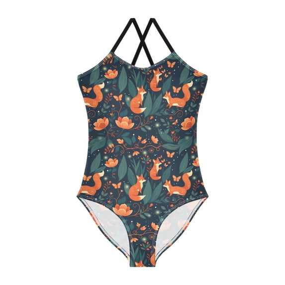 FORMRS Girls One Piece Swimsuit Sleeveless Stretch Beach Cross Back Swimwear, Sizes 3T-10T, Whimsical Foxes Pattern