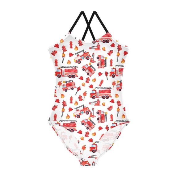 FORMRS Girls One Piece Swimsuit Sleeveless Stretch Beach Cross Back Swimwear, Sizes 3T-10T, White Cartoon Fire Truck Pattern