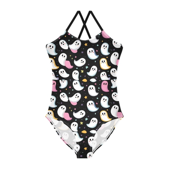 FORMRS Girls One Piece Swimsuit Sleeveless Stretch Beach Cross Back Swimwear, Sizes 3T-10T, White Halloween Ghost