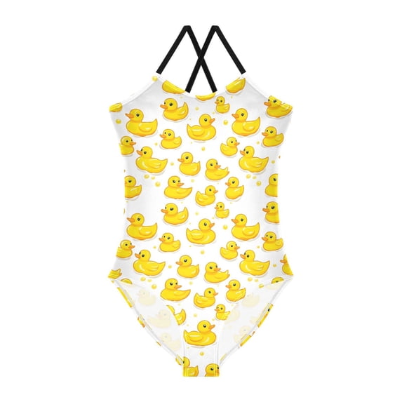 FORMRS Girls One Piece Swimsuit Sleeveless Stretch Beach Cross Back Swimwear, Sizes 3T-10T, Yellow Rubber Ducks