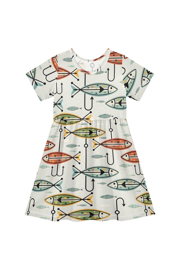 Girls Short Sleeve Dress Summer Casual Round Neck A-line Beach Sundress, Sizes 2T-8T, Abstract Fish Pattern