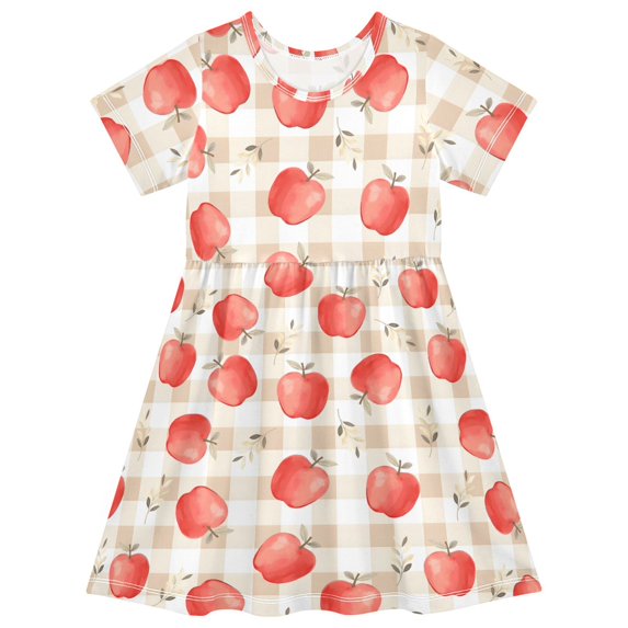 FORMRS Girls Short Sleeve Dress Summer Casual Round Neck A-line Beach Sundress, Sizes 2T-8T, Apple Plaid Pattern