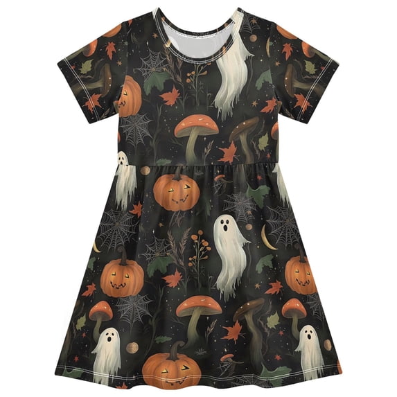 FORMRS Girls Short Sleeve Dress Summer Casual Round Neck A-line Beach Sundress, Sizes 2T-8T, Autumn Ghost Pattern