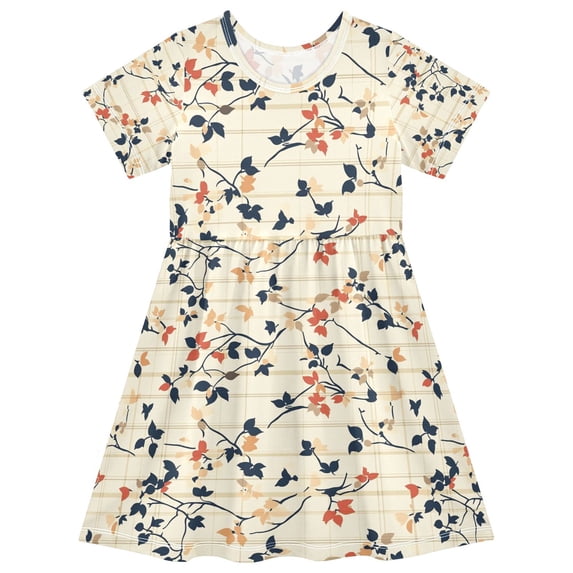 FORMRS Girls Short Sleeve Dress Summer Casual Round Neck A-line Beach Sundress, Sizes 2T-8T, Beige Leaves Plaid