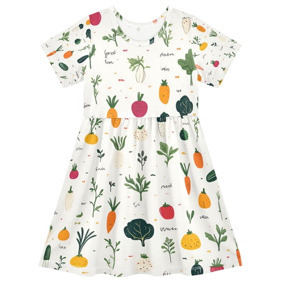 FORMRS Girls Short Sleeve Dress Summer Casual Round Neck A-line Beach Sundress, Sizes 2T-8T, Beige Vegetables Pattern