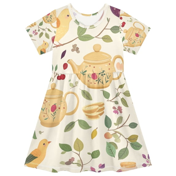 FORMRS Girls Short Sleeve Dress Summer Casual Round Neck A-line Beach Sundress, Sizes 2T-8T, Birds Tea Time