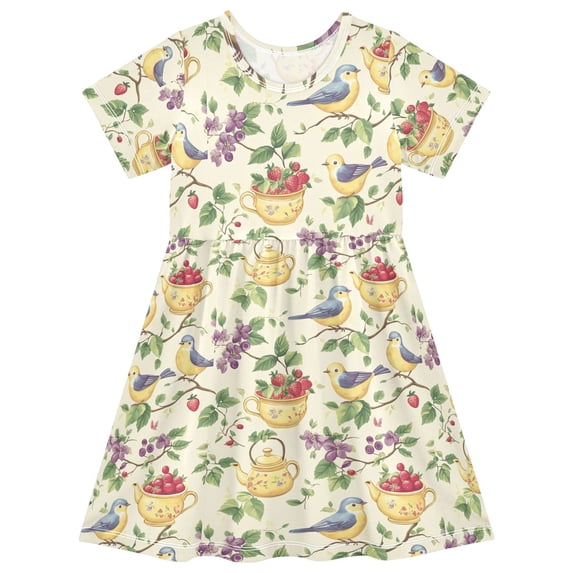 FORMRS Girls Short Sleeve Dress Summer Casual Round Neck A-line Beach Sundress, Sizes 2T-8T, Birds with Strawberries