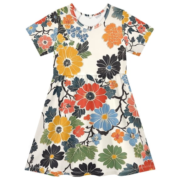 FORMRS Girls Short Sleeve Dress Summer Casual Round Neck A-line Beach Sundress, Sizes 2T-8T, Black Flowers Pattern