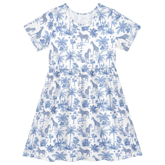 FORMRS Girls Short Sleeve Dress Summer Casual Round Neck A-line Beach Sundress, Sizes 2T-8T, Blue Animals Pattern