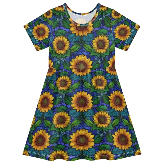 FORMRS Girls Short Sleeve Dress Summer Casual Round Neck A-line Beach Sundress, Sizes 2T-8T, Blue Art Sunflowers