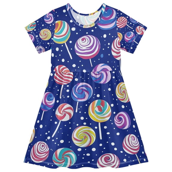 FORMRS Girls Short Sleeve Dress Summer Casual Round Neck A-line Beach Sundress, Sizes 2T-8T, Blue Colorful Candies