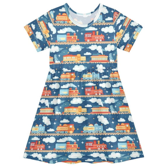 FORMRS Girls Short Sleeve Dress Summer Casual Round Neck A-line Beach Sundress, Sizes 2T-8T, Blue Cute Train Pattern