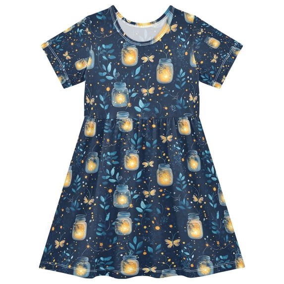 FORMRS Girls Short Sleeve Dress Summer Casual Round Neck A-line Beach Sundress, Sizes 2T-8T, Blue Fireflies Pattern