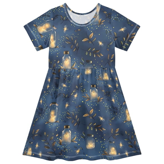 FORMRS Girls Short Sleeve Dress Summer Casual Round Neck A-line Beach Sundress, Sizes 2T-8T, Blue Firefly Pattern