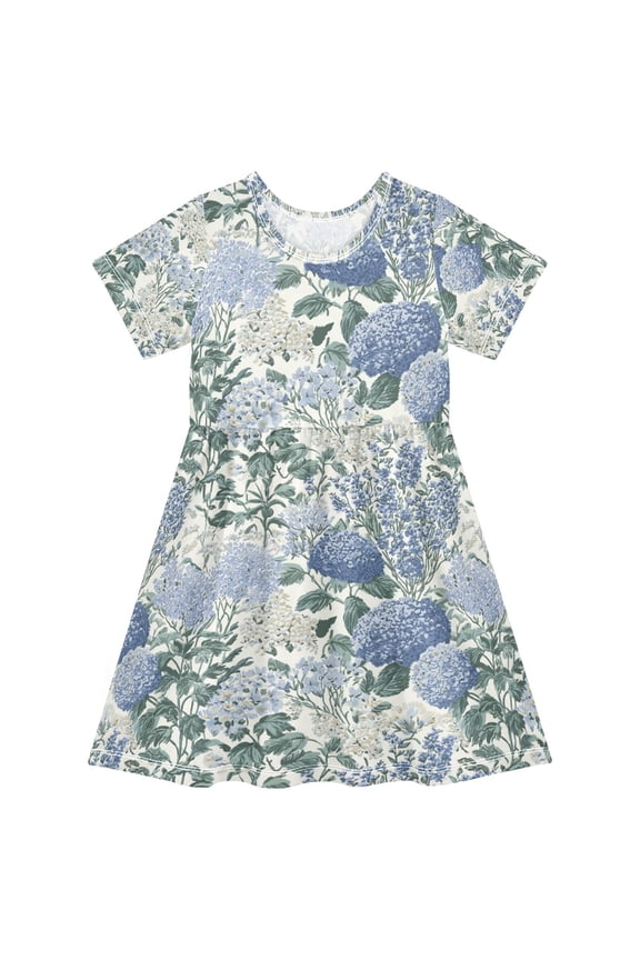 Girls Short Sleeve Dress Summer Casual Round Neck A-line Beach Sundress, Sizes 2T-8T, Blue Hydrangeas Pattern