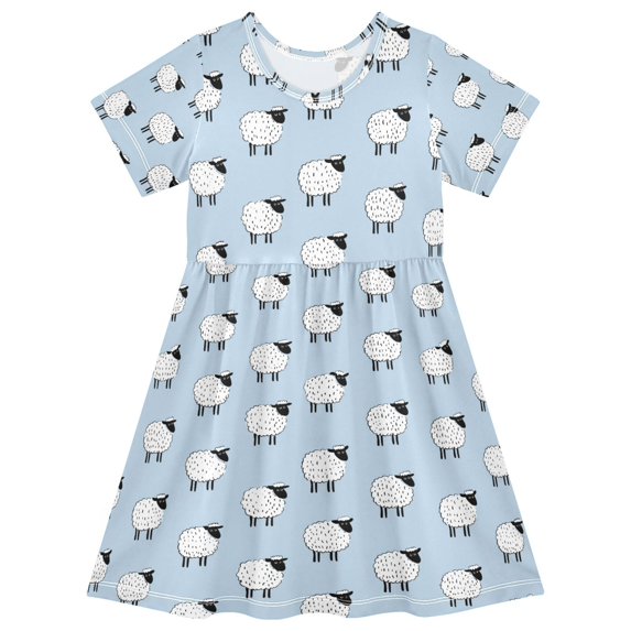 FORMRS Girls Short Sleeve Dress Summer Casual Round Neck A-line Beach Sundress, Sizes 2T-8T, Blue Sheep Pattern
