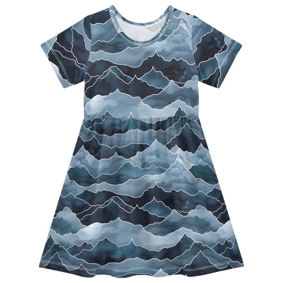 FORMRS Girls Short Sleeve Dress Summer Casual Round Neck A-line Beach Sundress, Sizes 2T-8T, Blue Watercolor Mountain Pattern