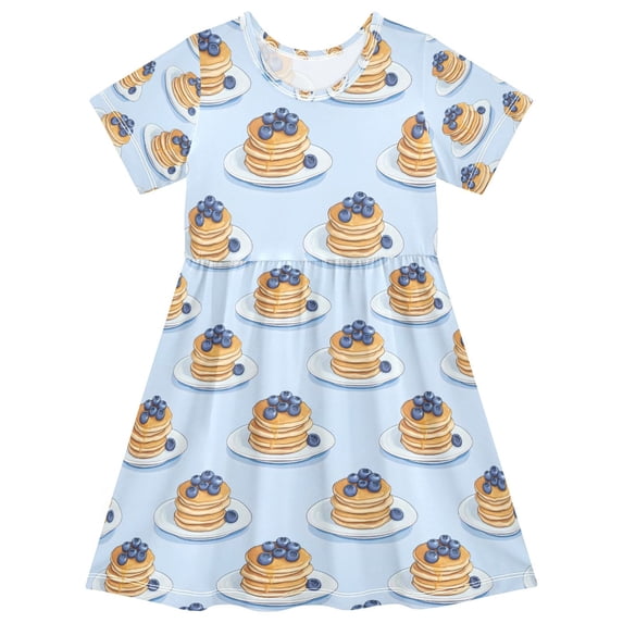 FORMRS Girls Short Sleeve Dress Summer Casual Round Neck A-line Beach Sundress, Sizes 2T-8T, Blueberry Pancake Pattern
