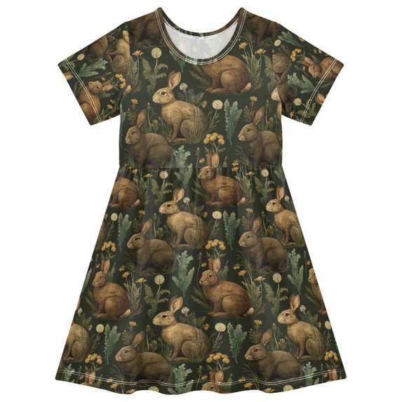 FORMRS Girls Short Sleeve Dress Summer Casual Round Neck A-line Beach Sundress, Sizes 2T-8T, Brown Floral Rabbits Pattern