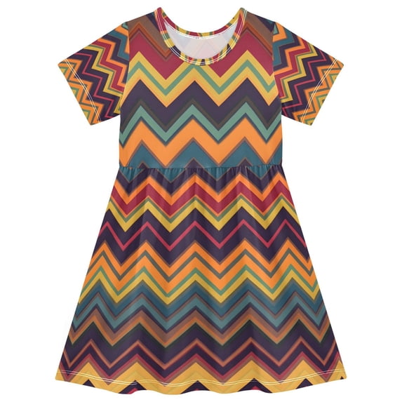 FORMRS Girls Short Sleeve Dress Summer Casual Round Neck A-line Beach Sundress, Sizes 2T-8T, Brown Geometric