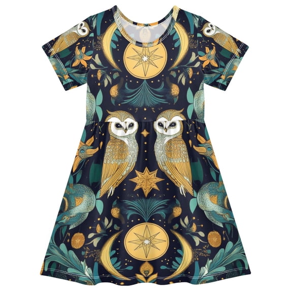 FORMRS Girls Short Sleeve Dress Summer Casual Round Neck A-line Beach Sundress, Sizes 2T-8T, Brown Mystical Owls