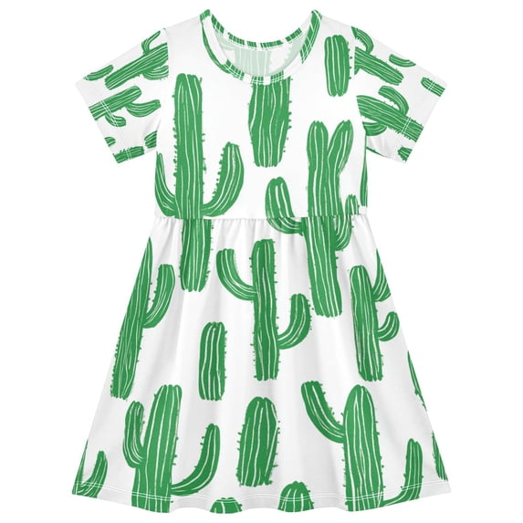 FORMRS Girls Short Sleeve Dress Summer Casual Round Neck A-line Beach Sundress, Sizes 2T-8T, Cactus Pattern