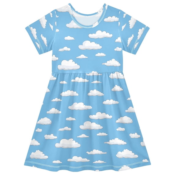 FORMRS Girls Short Sleeve Dress Summer Casual Round Neck A-line Beach Sundress, Sizes 2T-8T, Cartoon Cloud Pattern