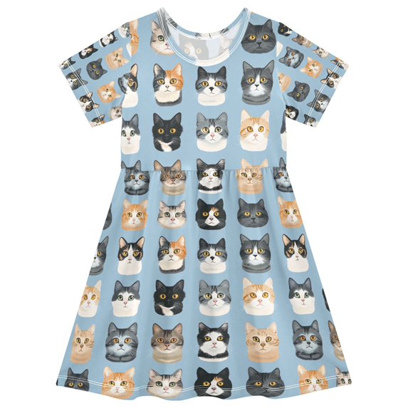 FORMRS Girls Short Sleeve Dress Summer Casual Round Neck A-line Beach Sundress, Sizes 2T-8T, Cartoon Cute Cat