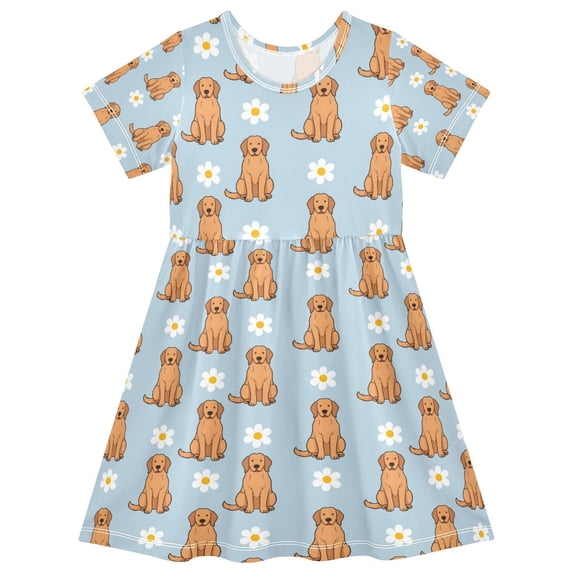 FORMRS Girls Short Sleeve Dress Summer Casual Round Neck A-line Beach Sundress, Sizes 2T-8T, Cartoon Floral Dog Pattern