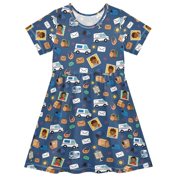 FORMRS Girls Short Sleeve Dress Summer Casual Round Neck A-line Beach Sundress, Sizes 2T-8T, Cartoon Mail Truck Pattern