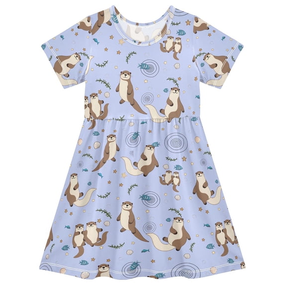 FORMRS Girls Short Sleeve Dress Summer Casual Round Neck A-line Beach Sundress, Sizes 2T-8T, Cartoon Otters Pattern