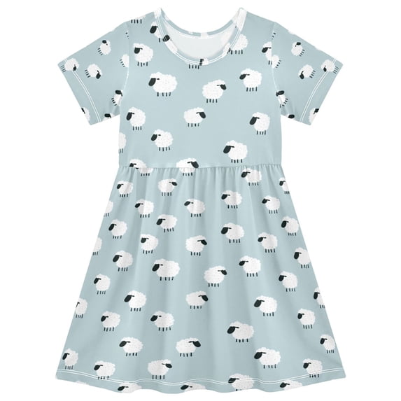 FORMRS Girls Short Sleeve Dress Summer Casual Round Neck A-line Beach Sundress, Sizes 2T-8T, Cartoon Sheep Pattern