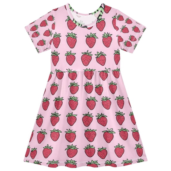 FORMRS Girls Short Sleeve Dress Summer Casual Round Neck A-line Beach Sundress, Sizes 2T-8T, Cartoon Strawberry