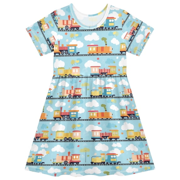 FORMRS Girls Short Sleeve Dress Summer Casual Round Neck A-line Beach Sundress, Sizes 2T-8T, Cartoon Train Pattern