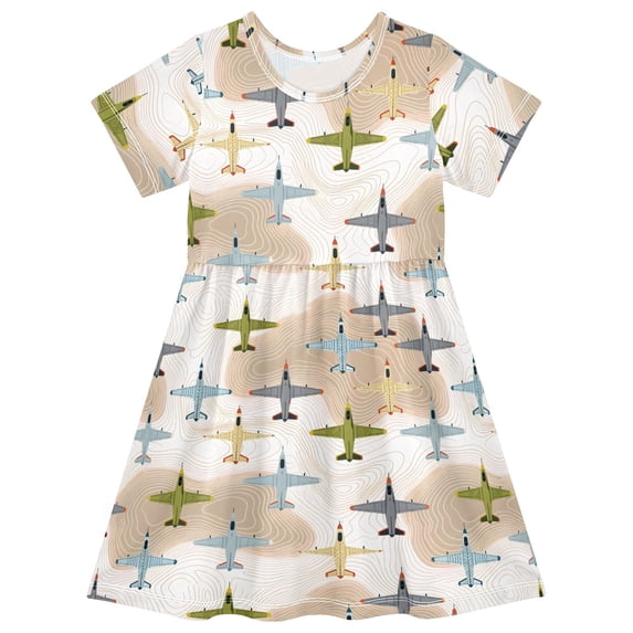FORMRS Girls Short Sleeve Dress Summer Casual Round Neck A-line Beach Sundress, Sizes 2T-8T, Colorful Airplanes Pattern