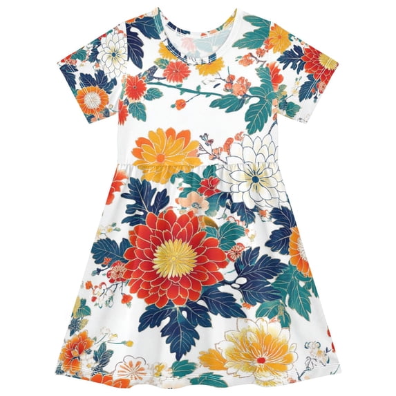 FORMRS Girls Short Sleeve Dress Summer Casual Round Neck A-line Beach Sundress, Sizes 2T-8T, Colorful Flowers Pattern