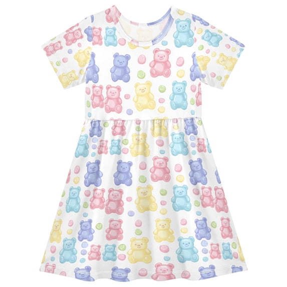 FORMRS Girls Short Sleeve Dress Summer Casual Round Neck A-line Beach Sundress, Sizes 2T-8T, Colorful Gummy Bears Pattern