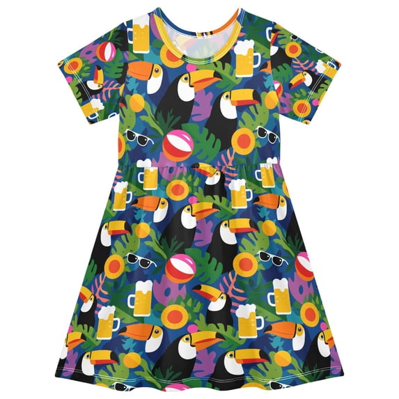 FORMRS Girls Short Sleeve Dress Summer Casual Round Neck A-line Beach Sundress, Sizes 2T-8T, Colorful Toucans Pattern