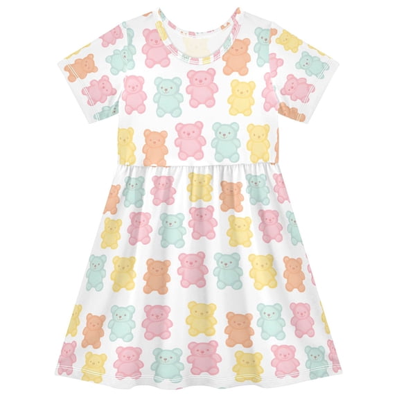 FORMRS Girls Short Sleeve Dress Summer Casual Round Neck A-line Beach Sundress, Sizes 2T-8T, Cute Gummy Bears Pattern