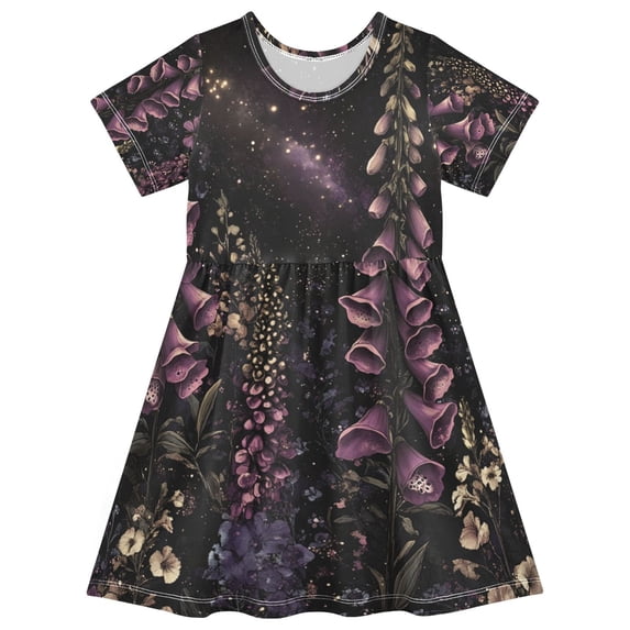 FORMRS Girls Short Sleeve Dress Summer Casual Round Neck A-line Beach Sundress, Sizes 2T-8T, Dark Gothic Floral